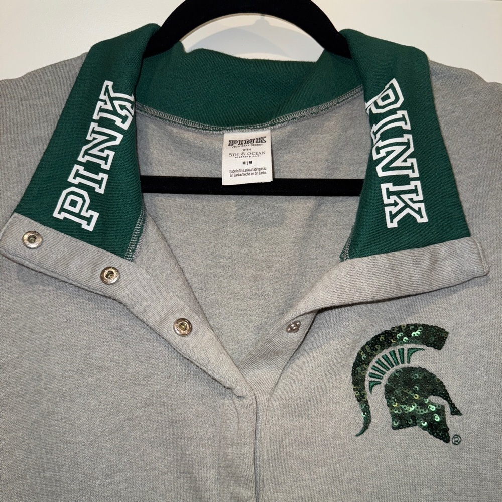 Victoria's Secret PINK Women's Grey/Green Quarter Button Sweatshirt Sz MD